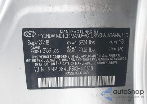 2019 Hyundai Elantra Sel z USA, uszkodzony, nr VIN 5NPD84LF3KH411318